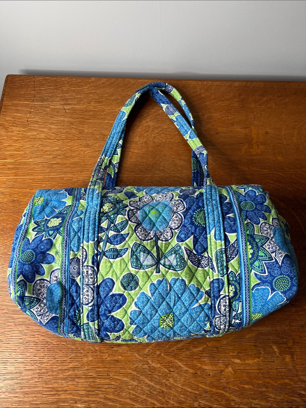 Vera Bradley Doodle Daisy Quilted Small Duffel Bag Blue Green Floral Travel